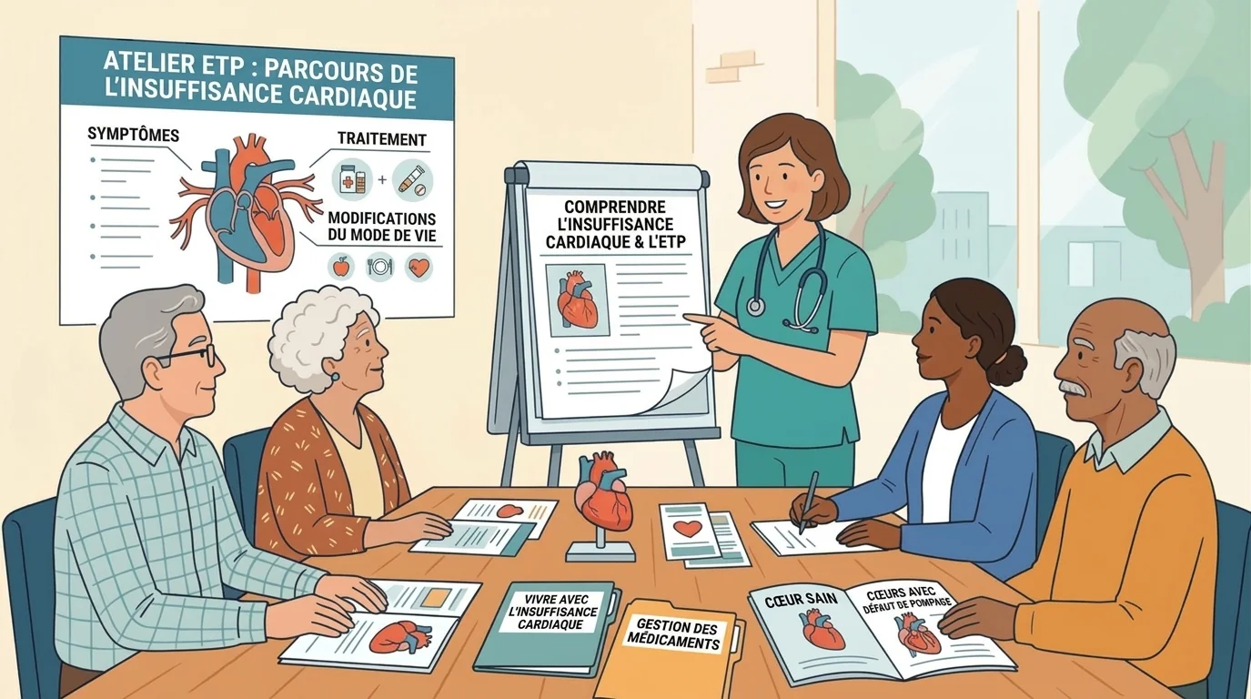 Atelier d'éducation thérapeutique sur l'insuffisance cardiaque : une infirmière présente un tableau « Comprendre l'insuffisance cardiaque » à quatre patients assis autour d'une table avec des livrets