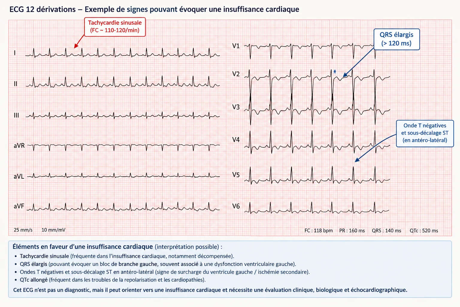 ECG 12 dérivations annoté : tachycardie sinusale, QRS élargis, ondes T négatives et sous-décalage du segment ST, signes pouvant évoquer une insuffisance cardiaque