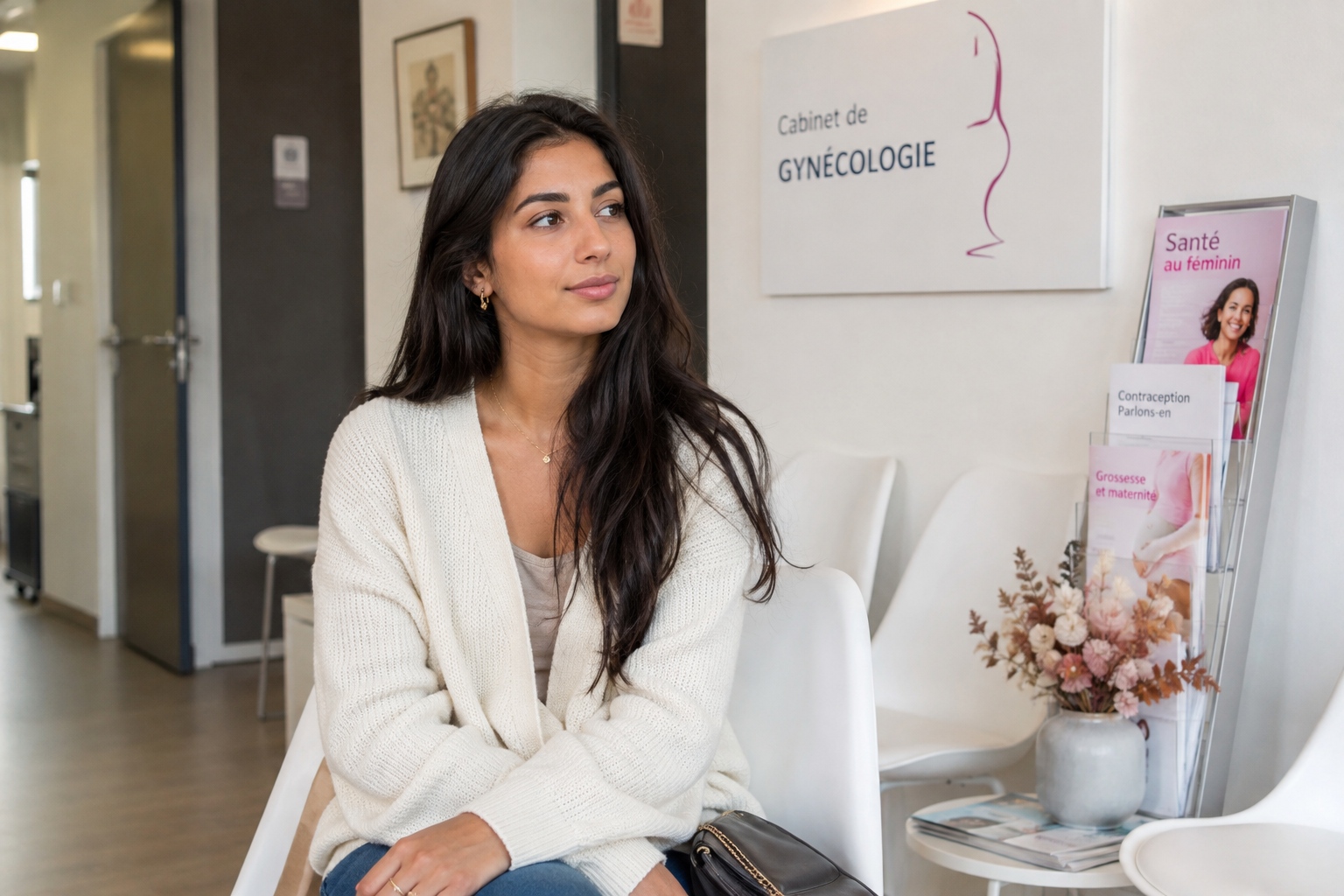 Jeune femme assise en salle d'attente d'un cabinet de gynécologie, expression sereine, brochures d'information santé féminine à proximité