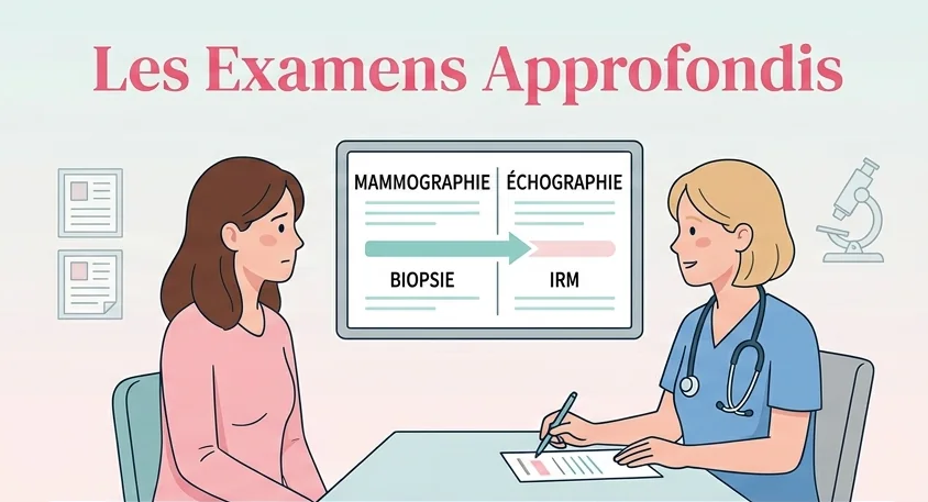 Examens approfondis du sein : une médecin explique à une patiente un écran qui montre la mammographie, l'échographie, la biopsie et l'IRM