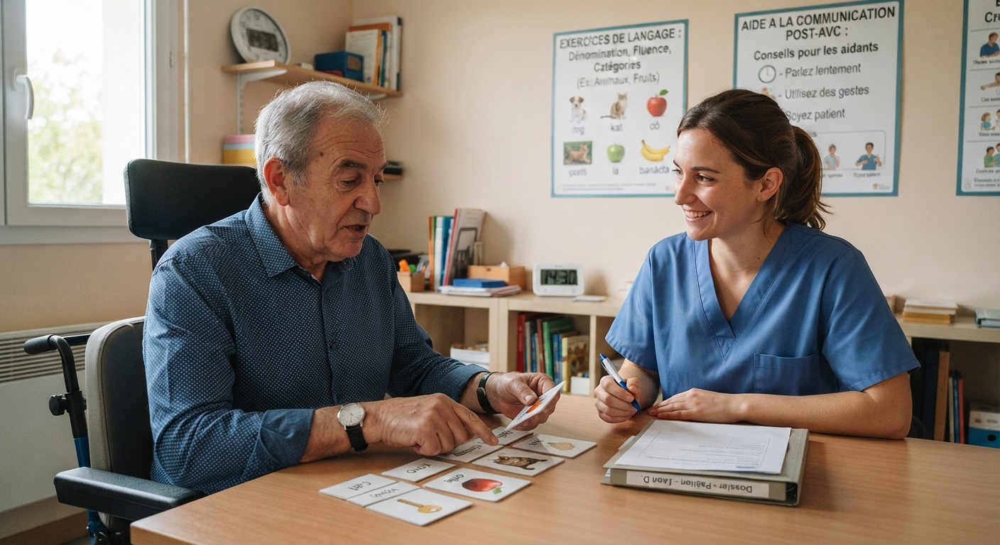 Orthophoniste en consultation avec un patient post-AVC, séance de rééducation du langage
