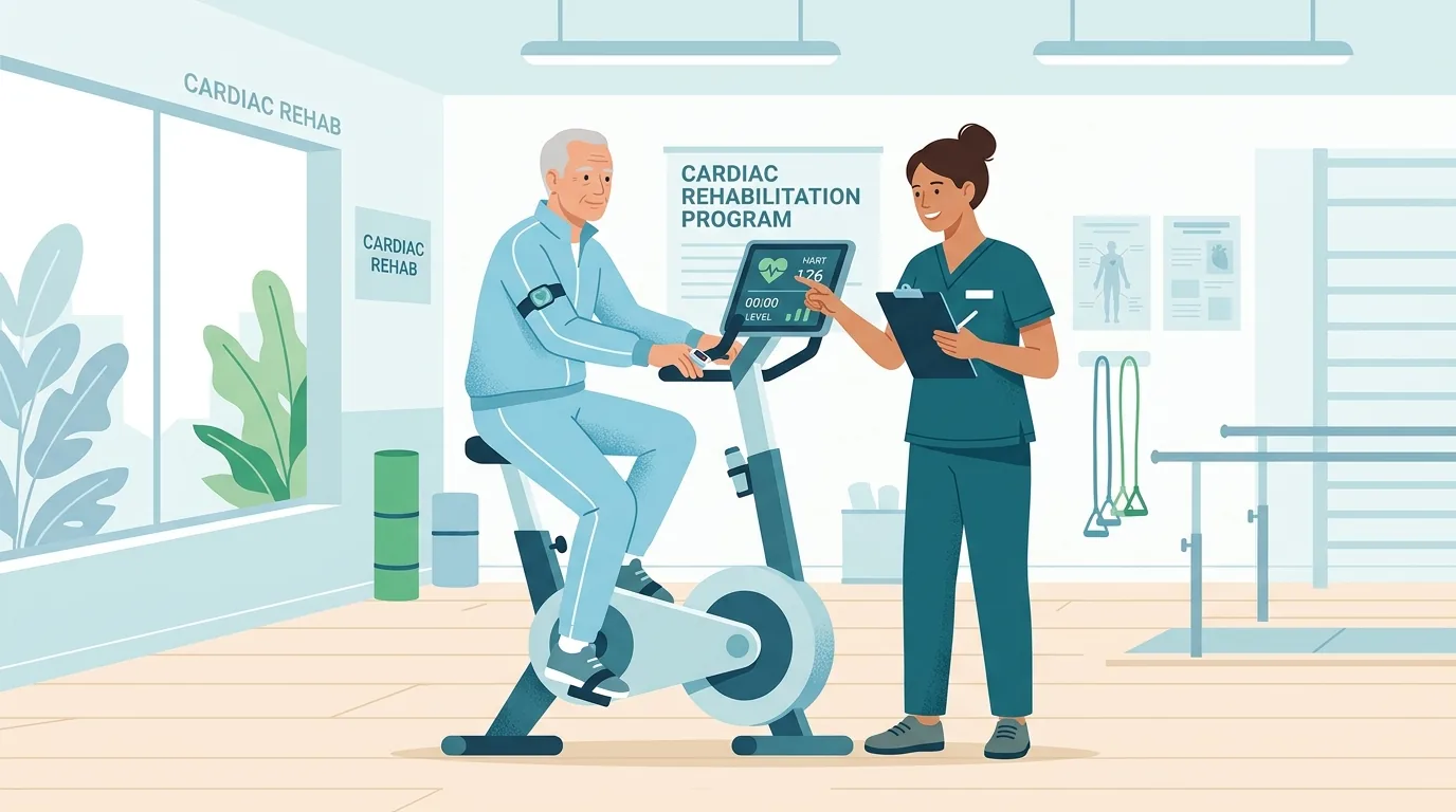 Réadaptation cardiaque : un patient âgé pédale sur un vélo d'appartement, une soignante surveille sa fréquence cardiaque sur l'écran