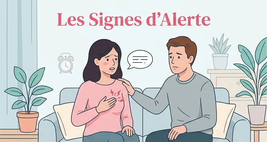 Signes d'alerte du cancer du sein : une femme inquiète pose la main sur sa poitrine et parle à son conjoint assis près d'elle sur un canapé