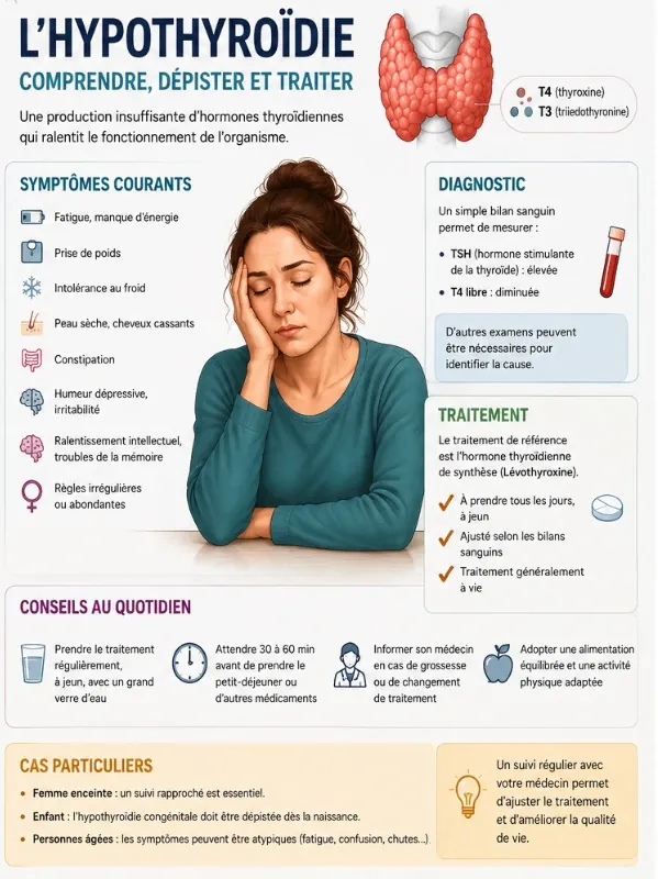 Infographie récapitulative sur l'hypothyroïdie : symptômes, diagnostic TSH et T4 libre, traitement par lévothyroxine, conseils quotidiens et cas particuliers