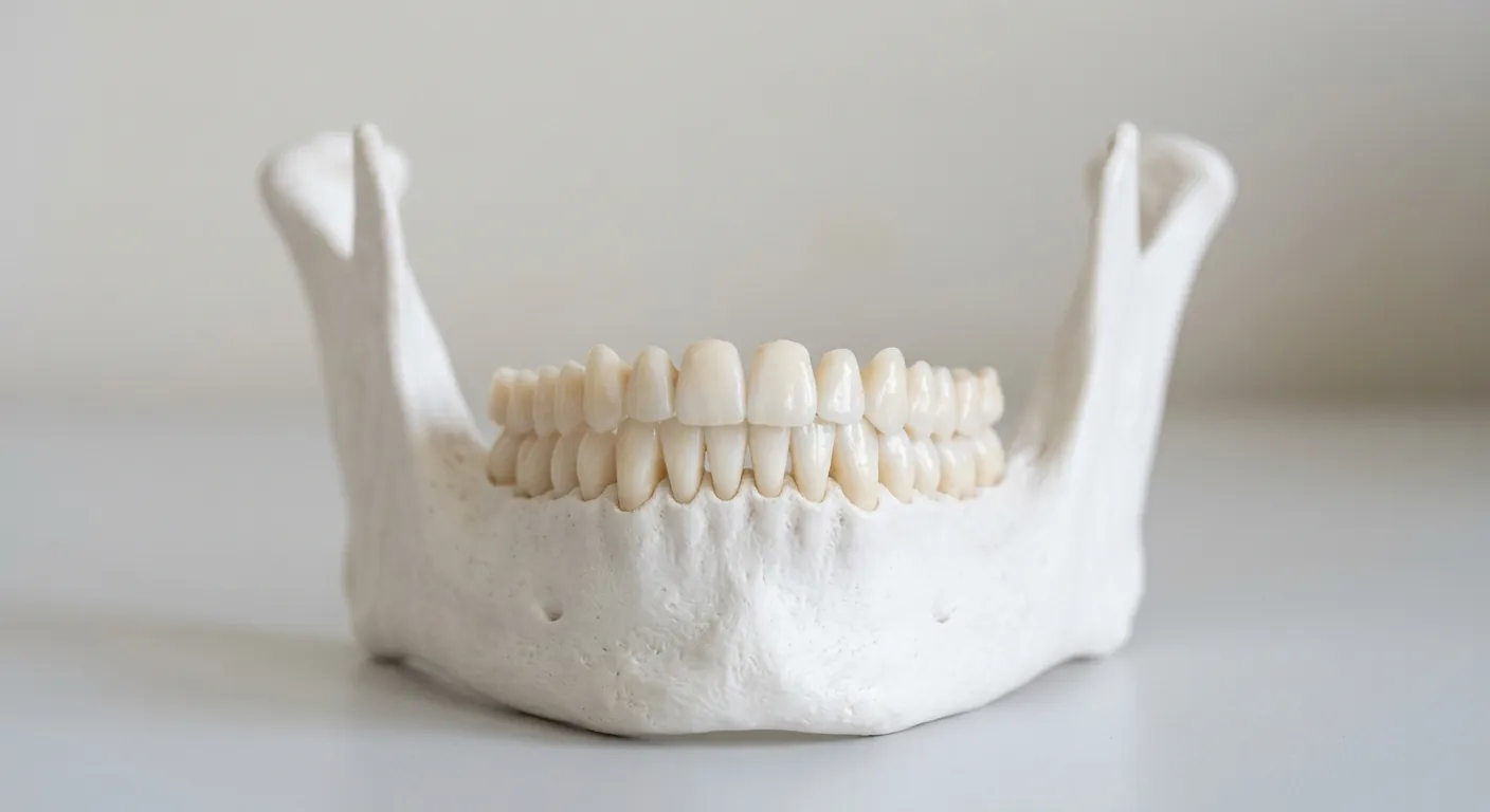 Modèle anatomique de mandibule humaine vu de face : arcade dentaire complète et les deux branches montantes qui s'articulent avec le crâne