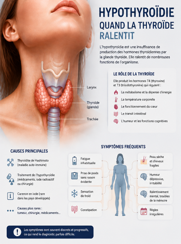 Infographie anatomique montrant la localisation de la thyroide dans le cou et les principaux symptomes de l'hypothyroidie : fatigue, prise de poids, froid, constipation, troubles cognitifs