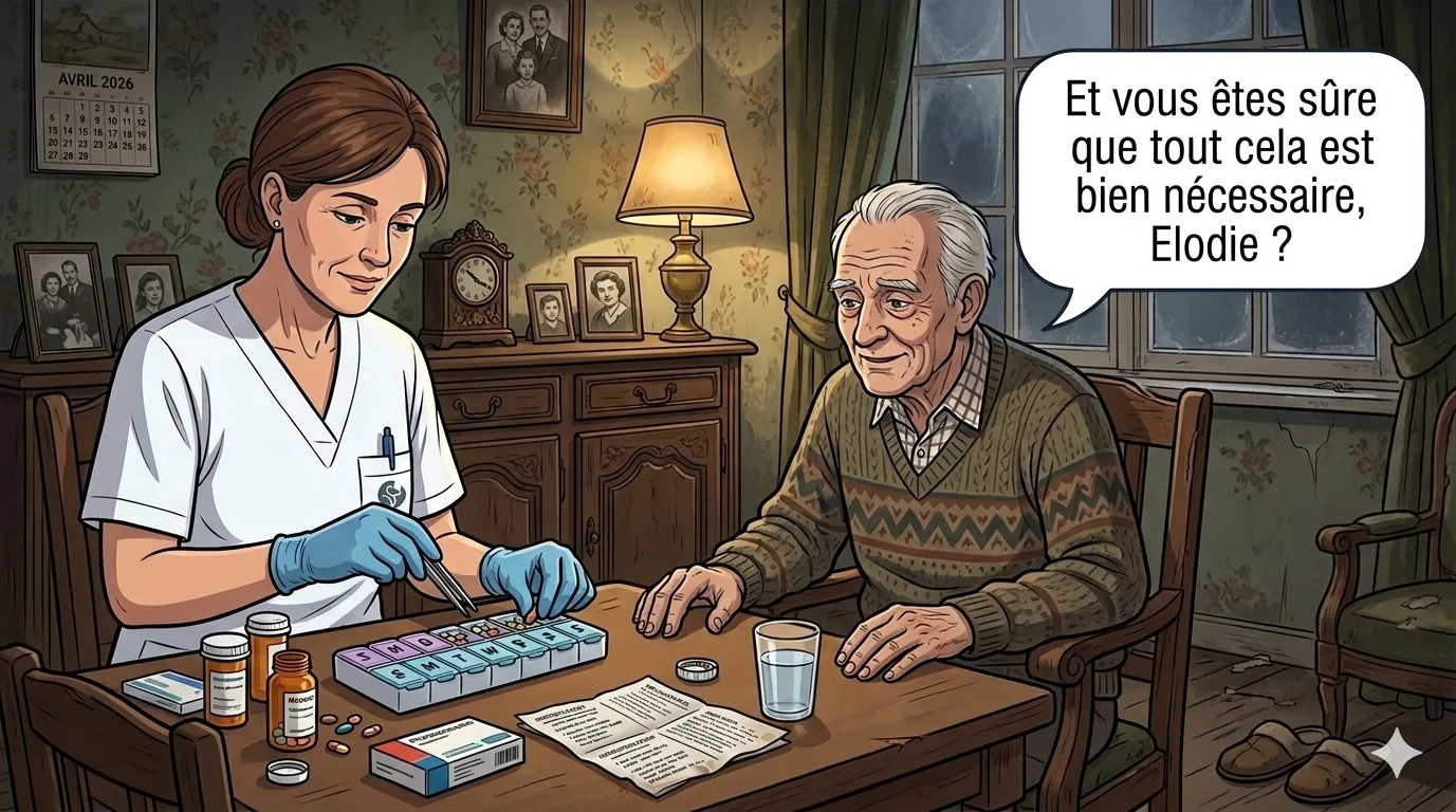 Une infirmière prépare le pilulier d'un vieux patient pour la semaine à venir. Le vieux monsieur demande si tous les médicaments sont bien utiles à sa santé