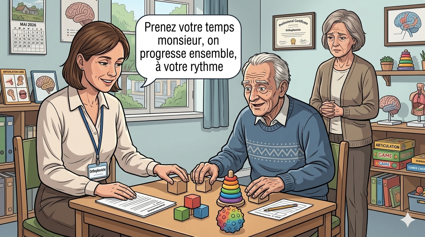 Une orthophoniste travaille avec un patient Alzheimer pendant que son épouse les regarde, inquiète