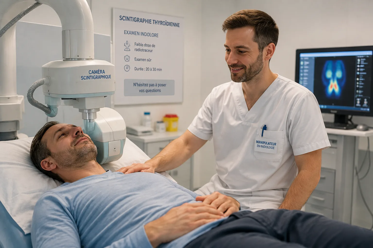 Scintigraphie thyroïdienne : un patient allongé sous la caméra scintigraphique, manipulateur en radiologie à ses côtés
